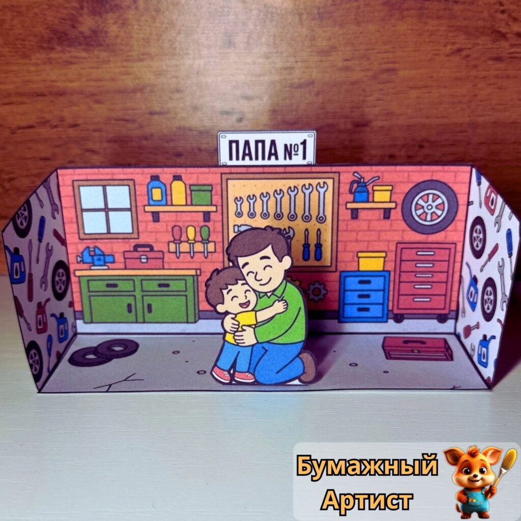 Объемная поделка папе на день отца из бумаги гараж с инструментами