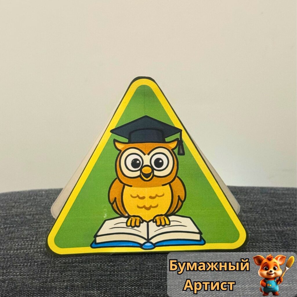 Объемная детская поделка умная сова с книгой из бумаги вид спереди