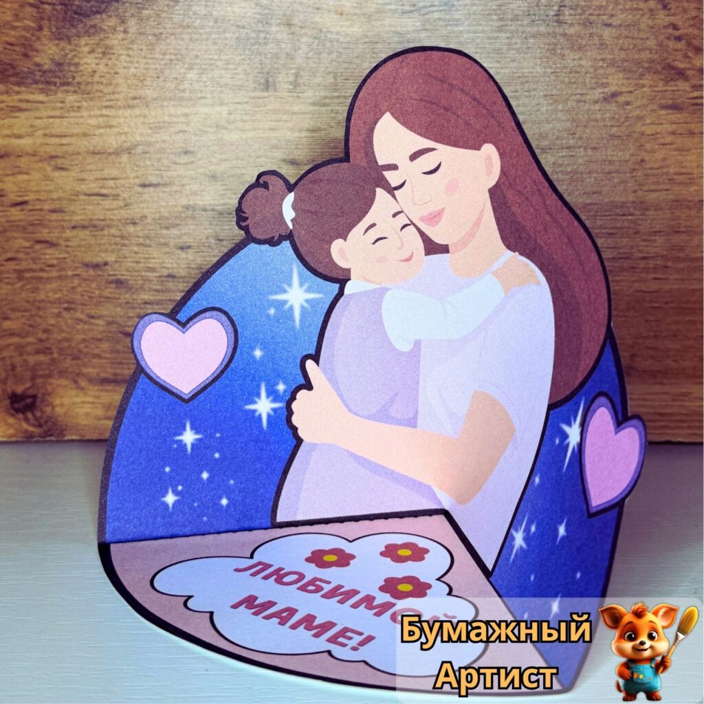 Интерактивная 3D поделка для мамы из бумаги на подставке ракурс сбоку